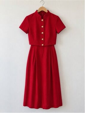 Vintage EXPO Red Gold Button Cape Sheath Dress Size 10 Small Fit